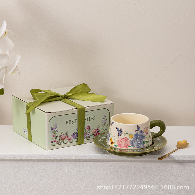 レトロ油絵コーヒーカップ皿セット陶磁器マグカップ小衆カップルカップ蝶コーヒーカップ皿ギフトボックス|undefined