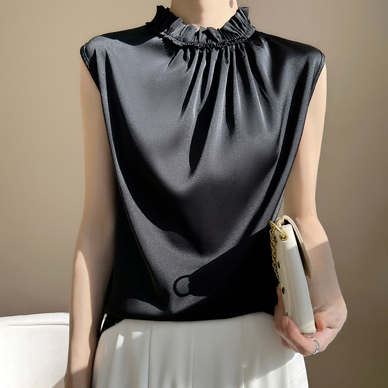 Heavy camisole commuter vest women's summer matching suit formal mulberry silk satin sleeveless stand collar shirt T-shirt