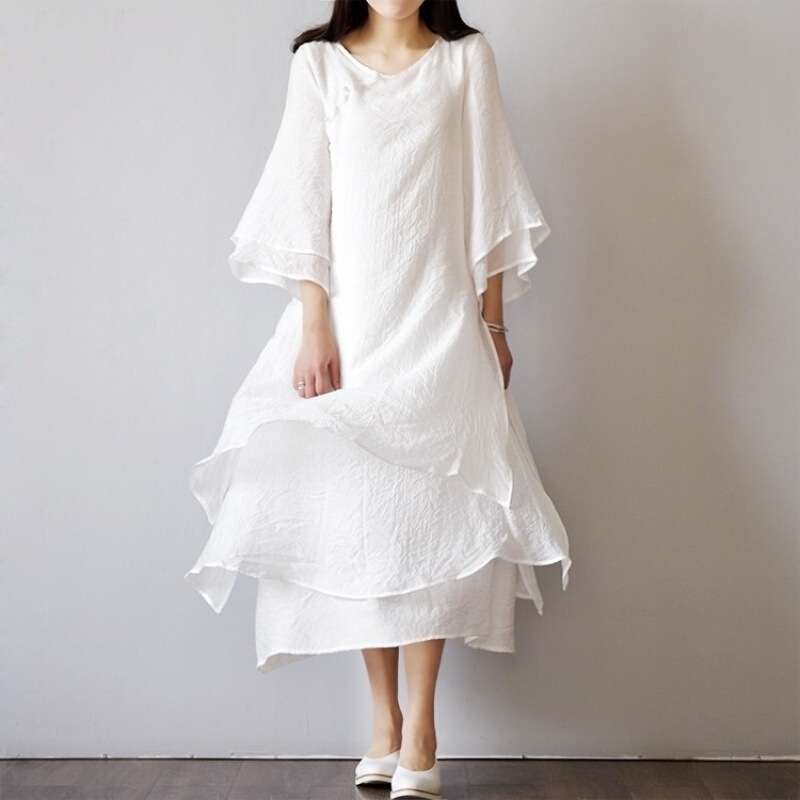 Original women's cotton and linen artistic double layer dress retro Mori women's Zen improved hanfu dress summer dress