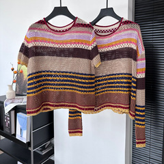 25春夏レディース新作丸首カラーストライプ突き色抜きニット半袖tシャツ上着長袖ニット