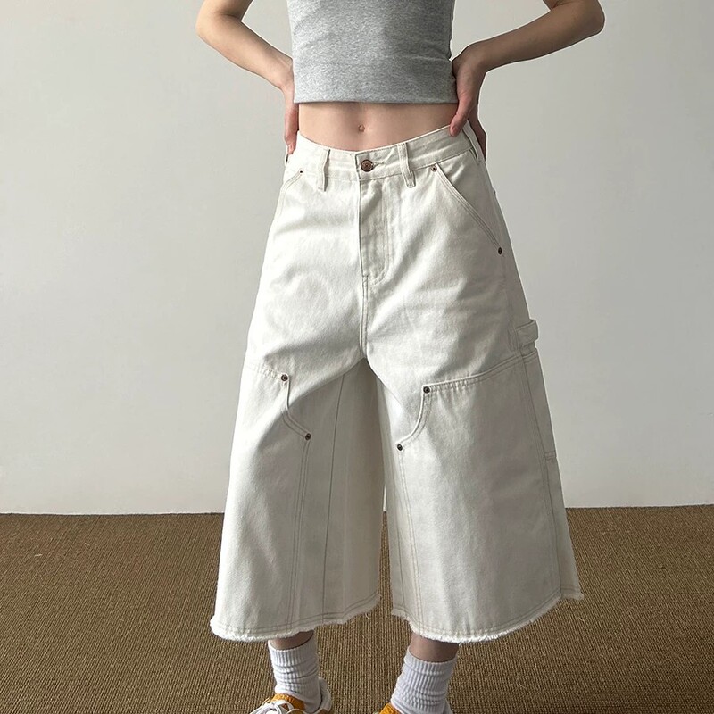 American Retro White Design Workwear Cropped Pants for Men and Women, New Summer Style Loose Trendy Straight Denim Shorts