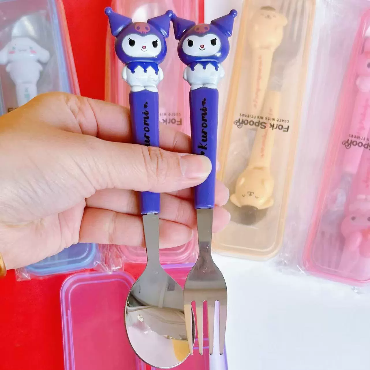 Высококачественная набор посуды с игрушечной куклой Sanrio: ложка, вилка, ручной набор для школьников из нержавеющей стали