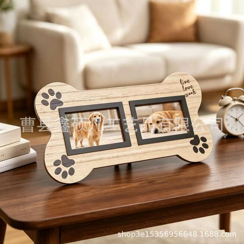 Cross-border wooden photo frame - Creative bone-shaped double frame pet memorial gift - Photo keepsake for cats and dogs