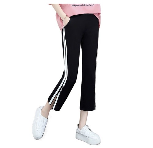 Women's Spring and Summer High-Waist Slit Sport Trousers with Side Stripes, Bootcut Loose-Fit Elastic Shorts
