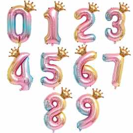 跨境32寸渐变色皇冠数字气球儿童生日装饰铝膜生日派对装饰迷你
