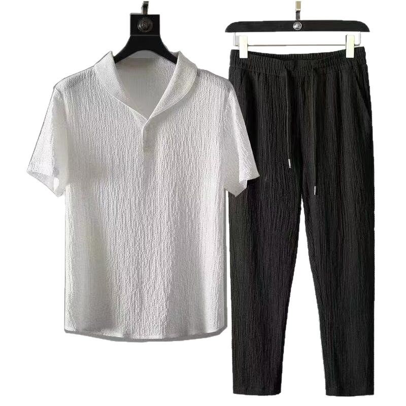 Fuente de fábrica de viento de verano para hombres de color sólido para hombres pliegue dos piezas de cuello vertical pantalones de manga corta para hombres