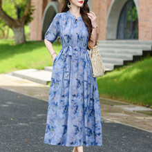 中老年中式国风棉绸中袖连衣裙女夏季妈妈时尚优雅大码收腰长裙子