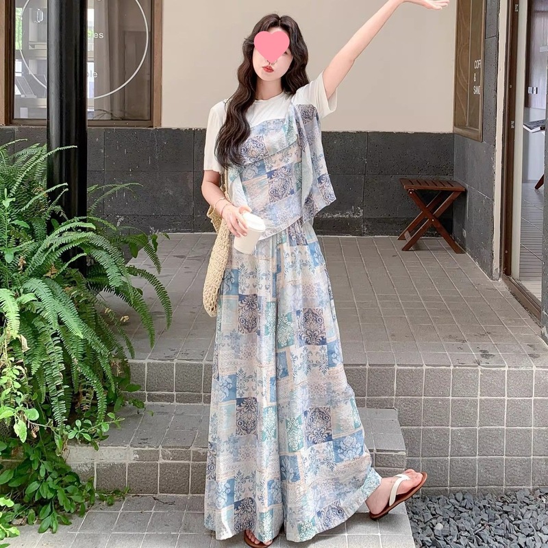 C1X夏季新款韩版设计感拼接假两件印花短袖上衣休闲宽松阔腿裤两|undefined