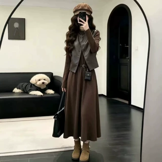 秋季女装超火穿搭一整套巨好看高级感减龄马甲上衣连衣裙两件套装