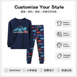 欧美男童赛车印花长袖家居服套装100%棉2-8岁卡通睡衣两件套定制