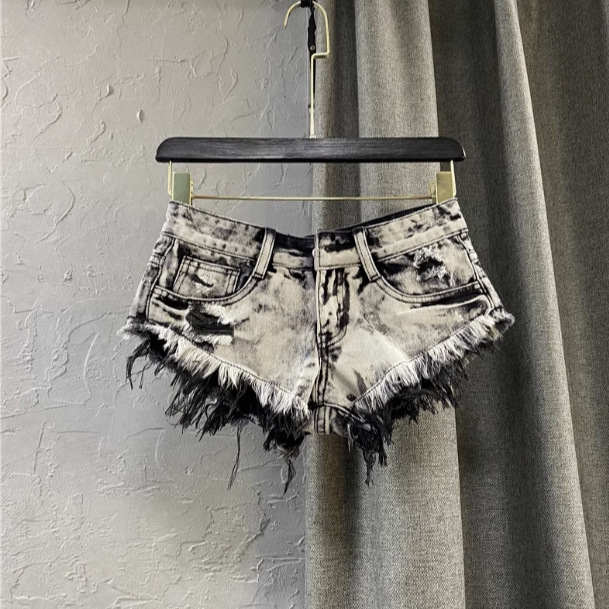 2026 New Summer Style Low-Waist Light Gray Ripped Frayed A-Line Hot Pants Korean Style Women's Personalized Denim Shorts