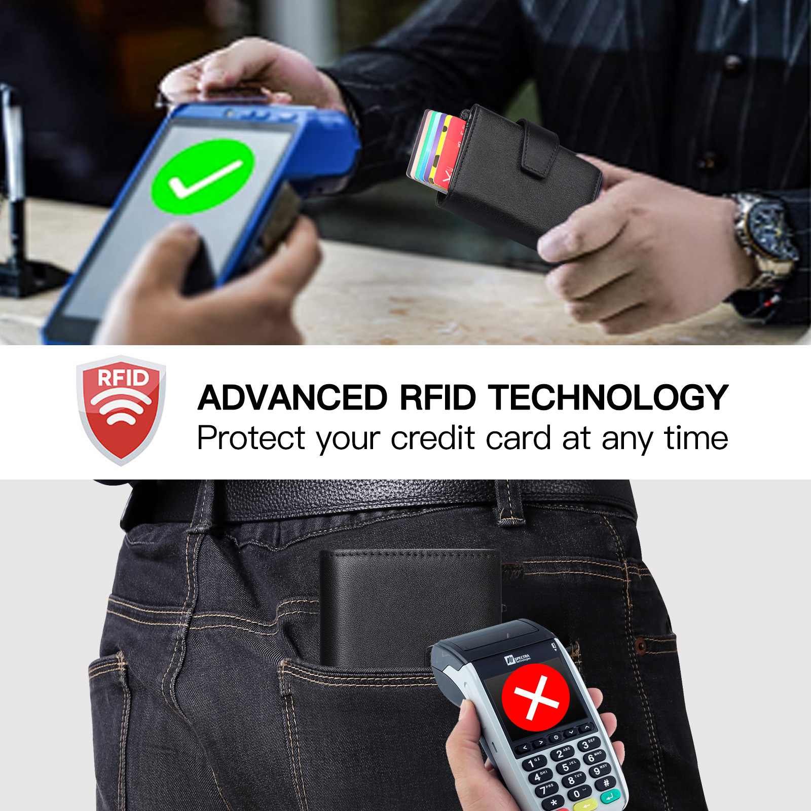 Cartera de cuero genuino para hombre con tarjetero automático de aluminio – Multifunción, primera capa