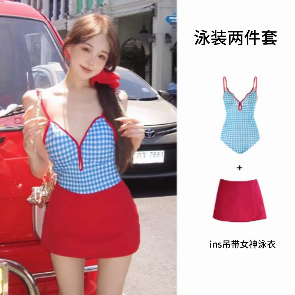 2025 Japanese-Style One-Piece Swimsuit for Young Girls, Age-Reducing Blue Plaid Strap Backless Swimwear, Milk Silk Fabric