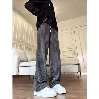 黑白鱼骨条纹小香风裤子男款秋季显瘦高腰直筒卫裤垂感运动休闲裤