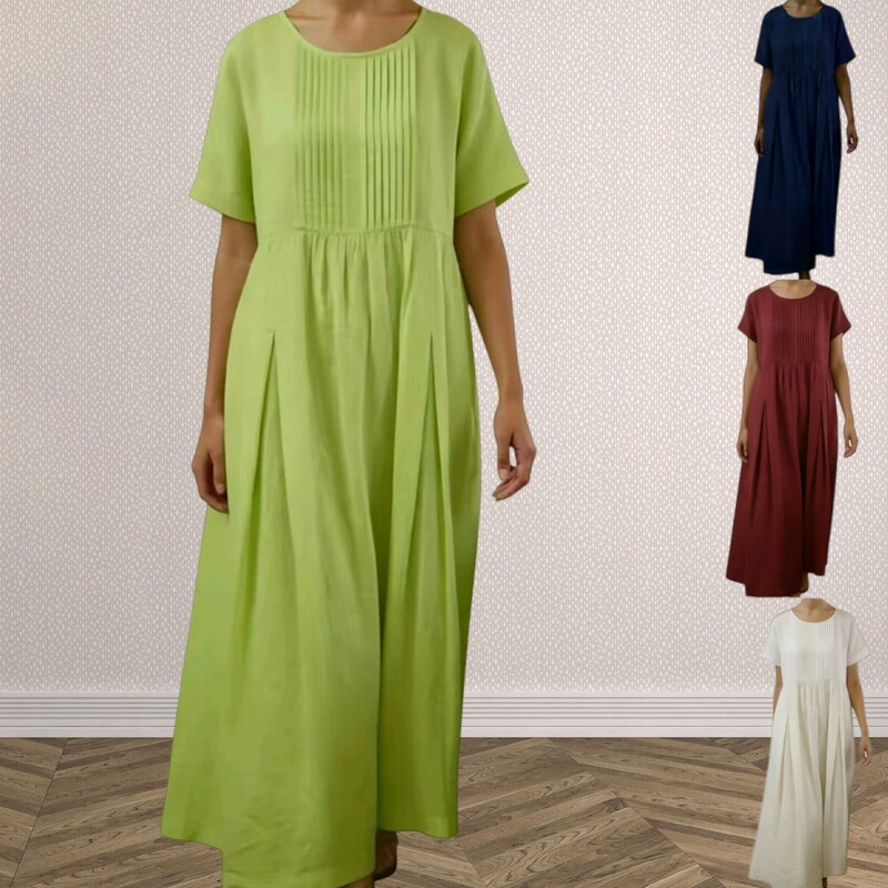 All Colors and Sizes Available 2026 Cross-Border Foreign Trade Women's Clothing Amazon Pleated Solid Color Mid-Length Cotton and Linen Short-Sleeve Dress