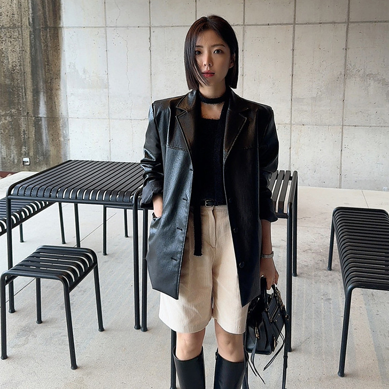 东大门2025秋冬装新款韩版小众帅气百搭pu皮西装式皮衣外套夹克女