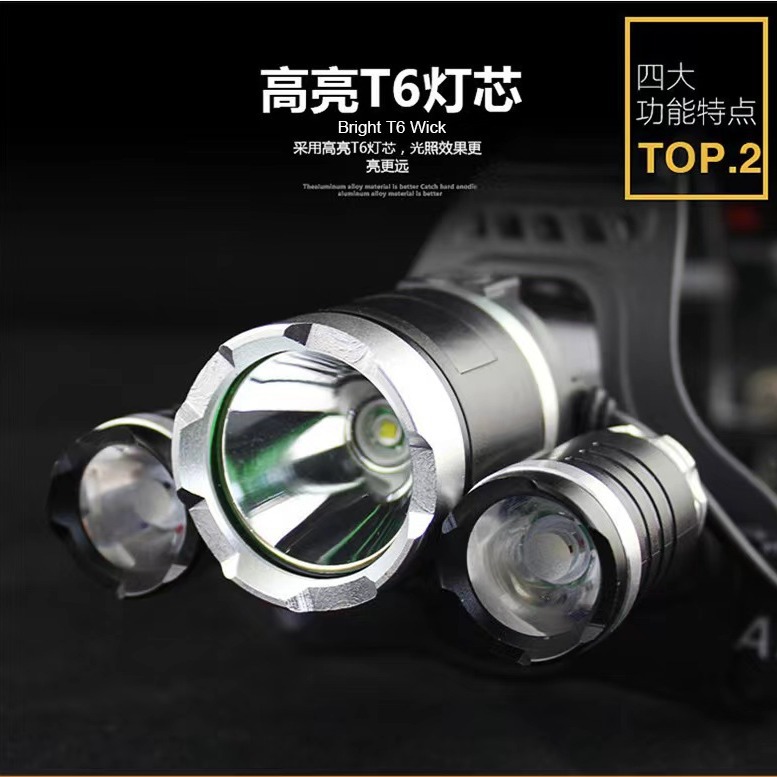 Cross-Border linterna de iluminación montada en la cabeza de 3 cabezas LED de luz fuerte Faro de carga Super brillante luz al aire libre de largo alcance