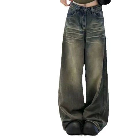 Ретро джинсы, брюки, лосины, американский стиль, высокая талия, свободный прямой крой, стройный силуэт