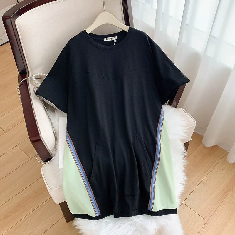 Оптовая продажа от производителя: женская одежда больших размеров для полных девушек, летняя корейская версия футболки с круглым вырезом и цветными блоками, короткий рукав, модель MD2585.