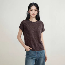 缎彩亚麻针织衫女时尚舒适百搭短袖女式T恤宽松休闲上衣女微落肩
