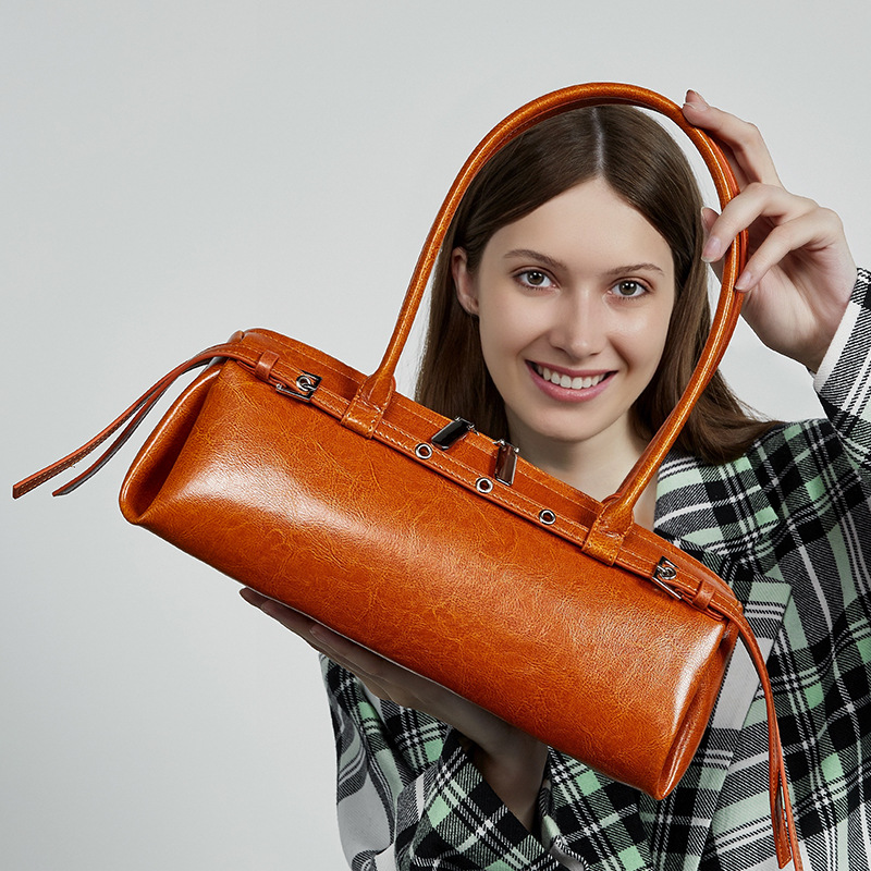 Genuine Leather Niche Retro Biker Style Cool Belt Decor Handbag New Shoulder Underarm Baguette Bag For Women - Thumbnail 2