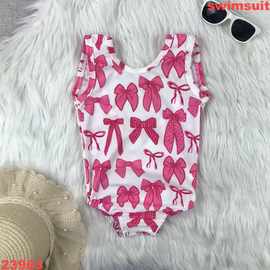 欧美精品店童装外贸批发新款粉红色蝴蝶结印花女孩泳衣