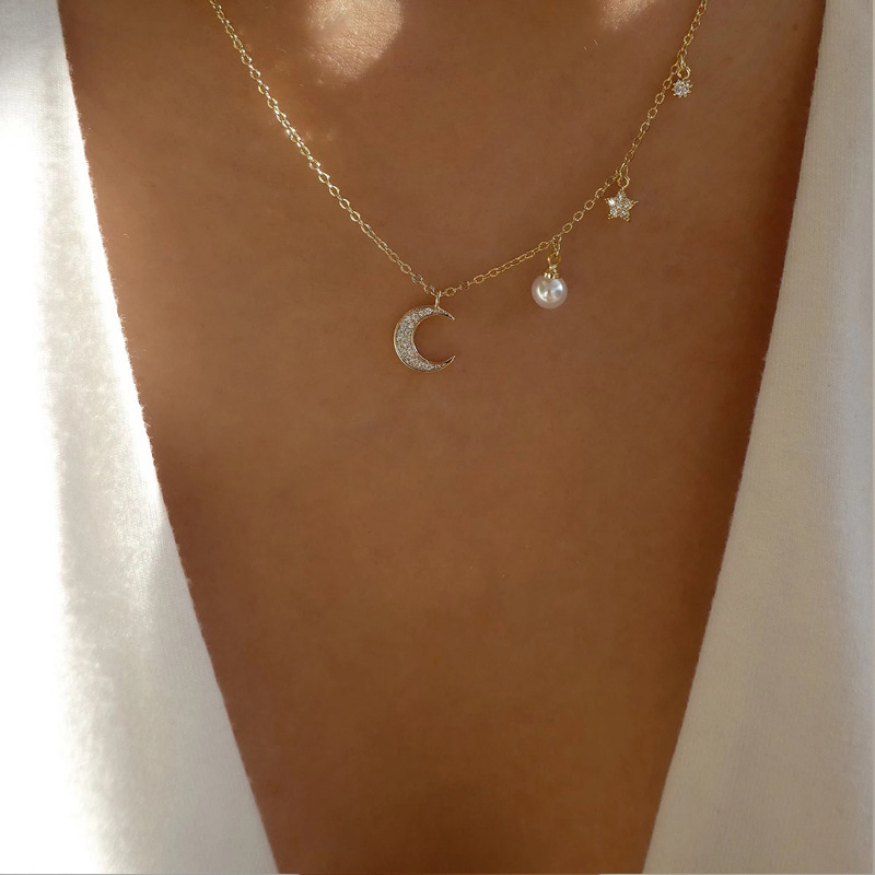 fashion pearl star moon pendant alloy clavicle chain simple eight-pointed star necklace