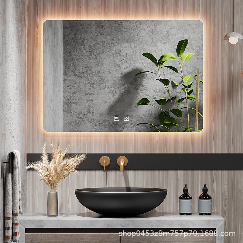 Espejo de baño, gabinete de espejo de baño, lavabo de pared inteligente colgado en la pared, inodoro con lámpara de pantalla táctil, espejo de niebla led