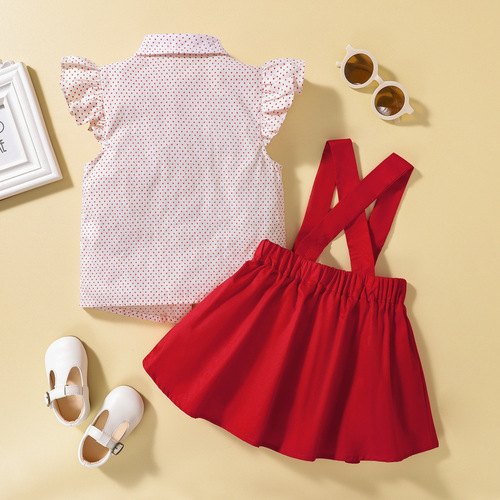 Children's Summer Polka Dot Lapel Top Baby Suspender Pleated Skirt Western Style Two-piece Set