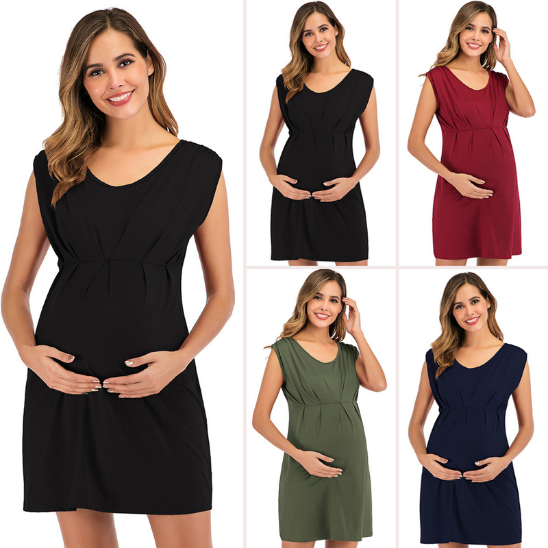 2022 Europe and the United States solid color maternity wear cross-border trade knitted collar sleeveless pregnant woman dress Amazon explosion