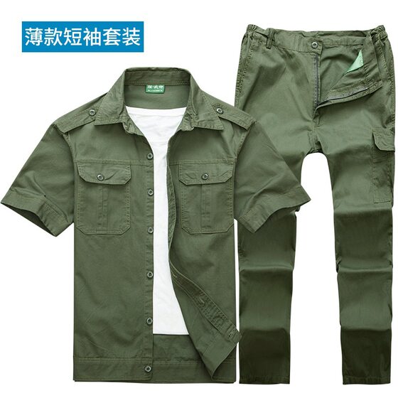 Summer Shirt Work Clothes suit Men's Pure Cotton Outdoor Labor Protection Thin Workwear Women's Factory Army Green Military Training Clothes logo