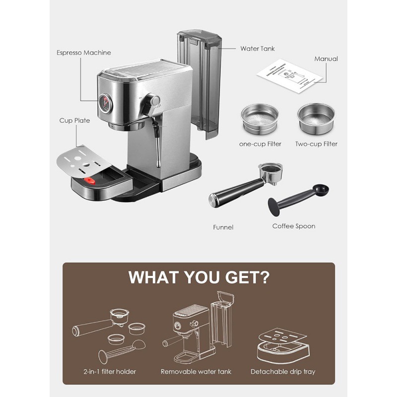 Máquina de café espresso semiautomática de estilo italiano, con espumador de leche a vapor de extracción a presión estándar europeo, para uso doméstico, venta al por mayor.