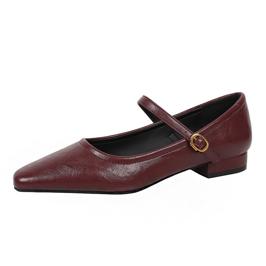 728-5 Retro Simple One Word Straw Low Heel Women's Shoes Pointed Shallow Mouth Foot Repair Coarse Heel Metal Mary Jane Single Shoes Women