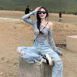 不规则露肩晕染防晒罩衫上衣女夏季修身紧身辣妹纯欲斜肩网纱t恤