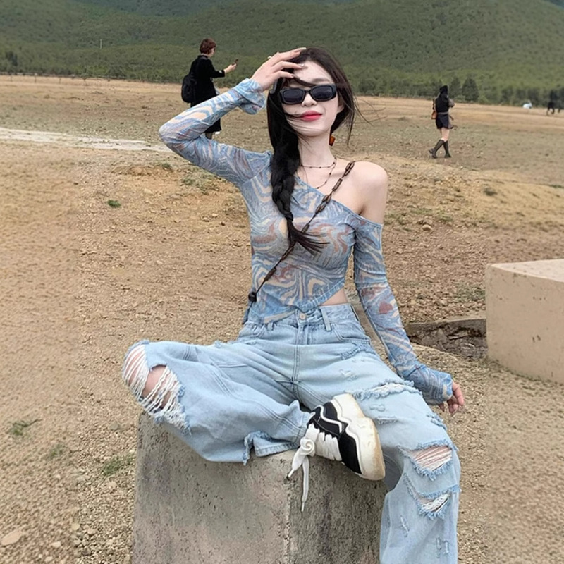 Irregular Shoulder-exposed Sprint Sunscreen Blouse Top Women's Summer Slim-fit Tight Hot Girls Pure Desire Shoulder Mesh T-shirt