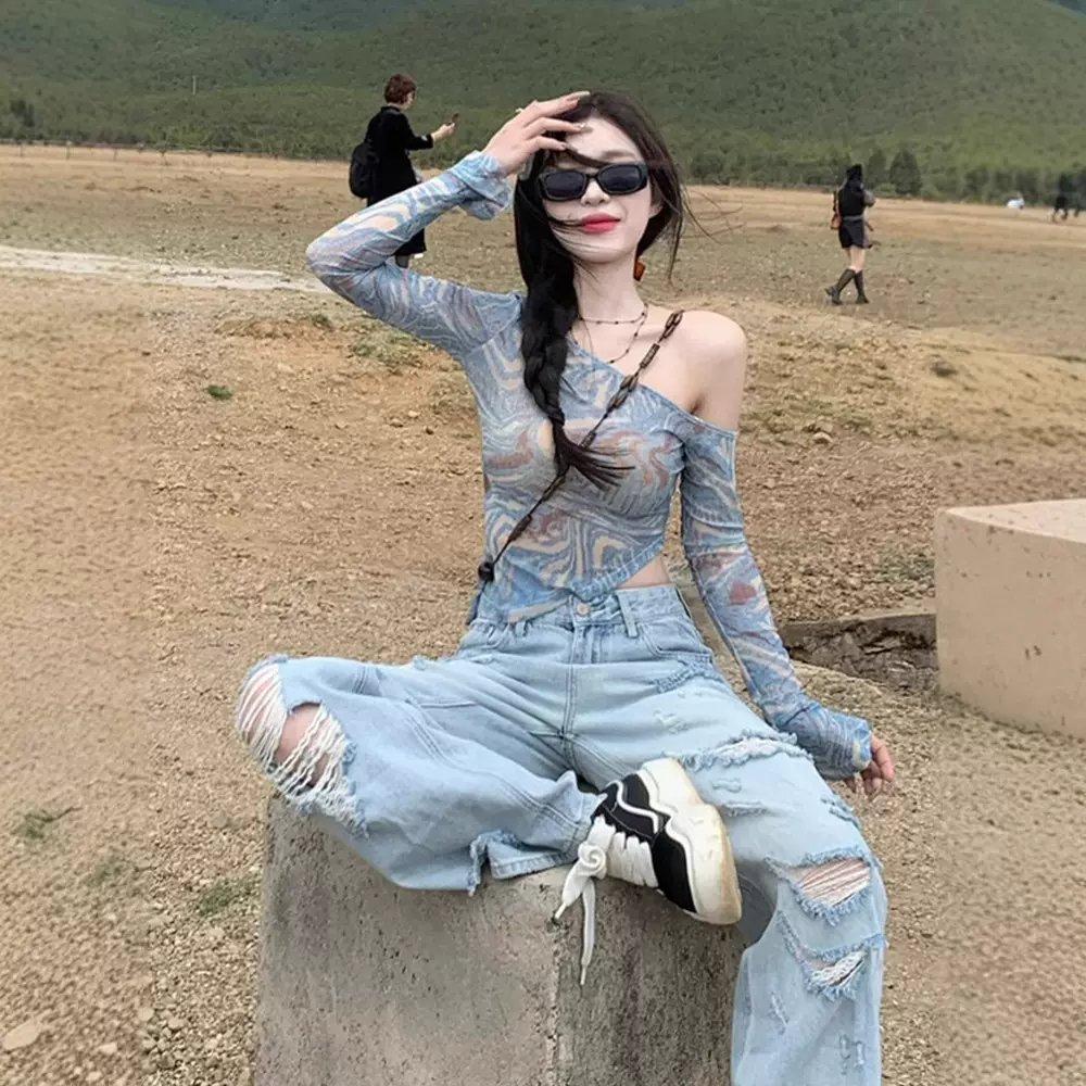 不规则露肩晕染防晒罩衫上衣女夏季修身紧身辣妹纯欲斜肩网纱t恤