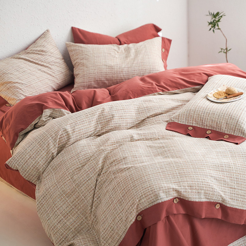 Botón cepillado ecológico impreso, un juego de algodón de cuatro piezas, otoño e invierno, cálido, sueño desnudo, kit de algodón grueso retro