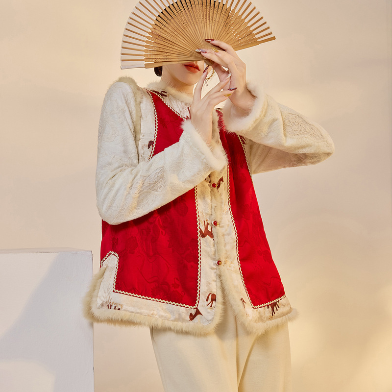 Autumn and Winter New Chinoiserie Pony Pattern Reversible Cotton Vest Design Buckle Mink Fur Sleeveless Top Nx055