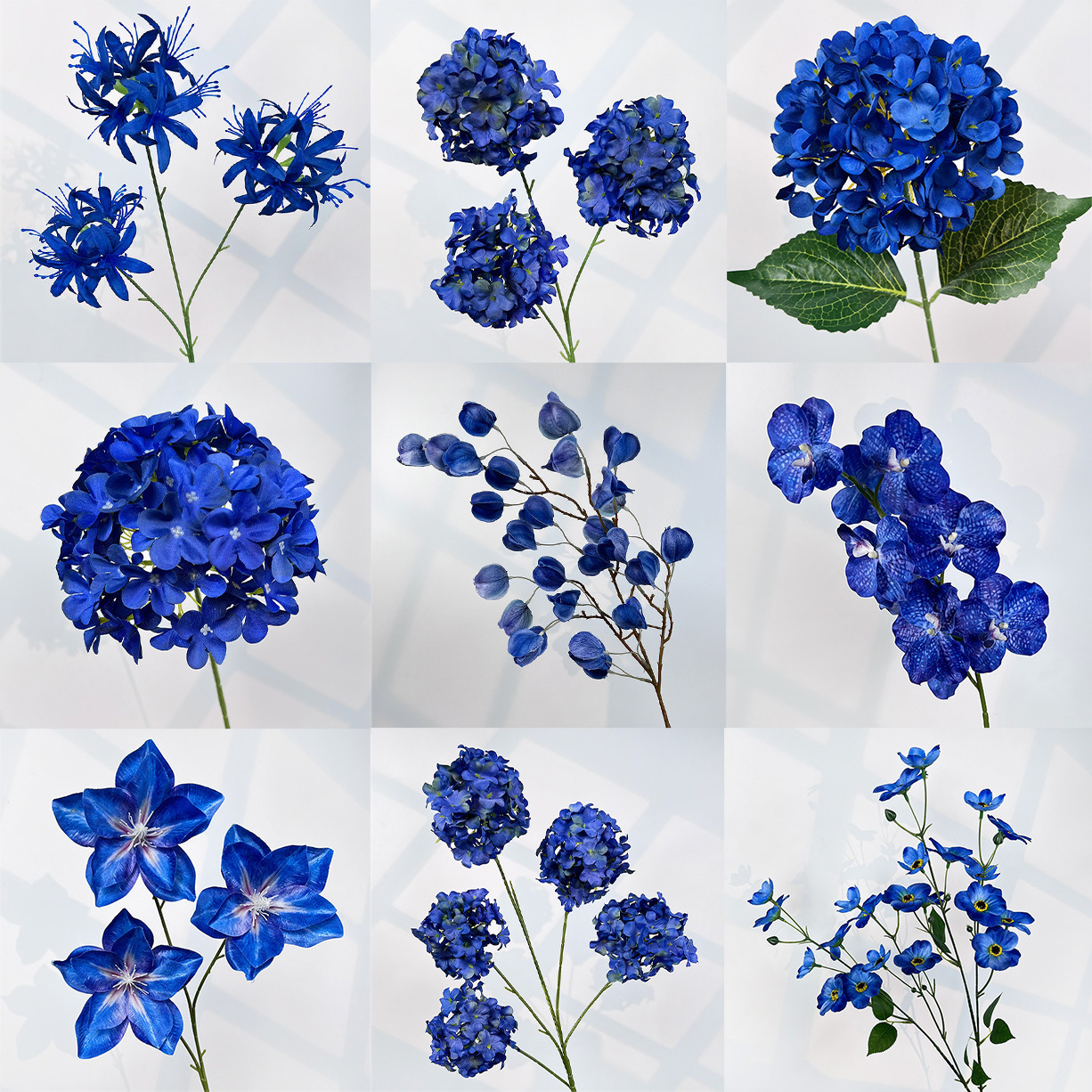 Flores artificiais em azul brumoso para decoração de casamento, flores de corredor, buquê falso, arranjo de piso de casamento, Janela do Jardim de Monet.