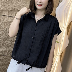 ファッションの新しい半袖の純色のシャツの女性の2025夏の大きいサイズはやせているカーディガンの洋風は縄を引いて年齢の上着を減らします。
