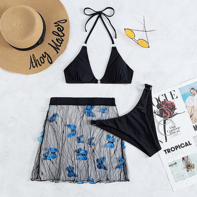 sexy black split bikini and butterfly embroidery perspective mesh skirt three-piece swimsuit  NSOLY122158