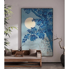 新中式古典蓝色树木月夜意境客厅装饰画小众复古书房茶室摆件挂画
