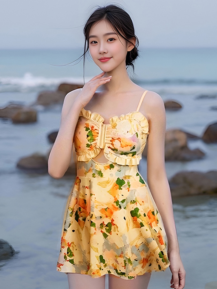 2025 verano nuevo estilo francés ligeramente gordo y delgado traje de baño floral de una pieza falda de mujer blusa de manga larga traje de baño al por mayor image 6