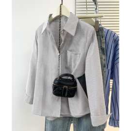 实拍 春季纯棉polo领条纹长袖衬衫女复古减龄上衣新款打底衬衣