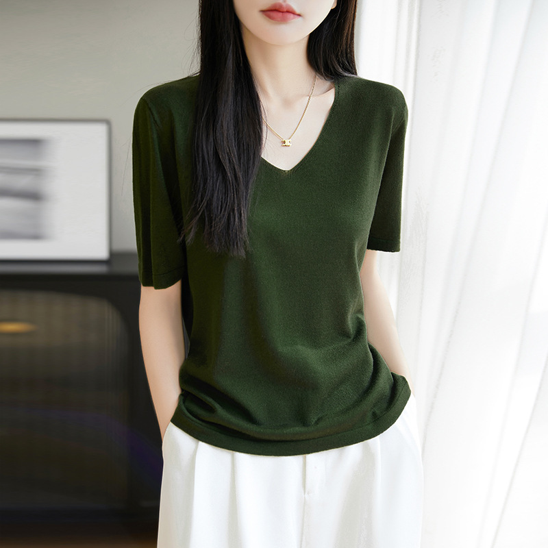 Tencel Wool V-neck Sweater Short-sleeved T-shirt Women's 2025 Summer New Solid Color Thin Base Shirt Top