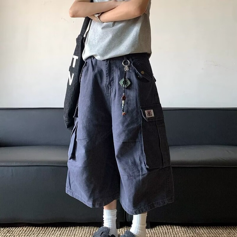 Exclusive for foreign trade: American retro-style women's cropped pants, trendy brand design, street style, multi-pocket, wide-leg, niche jeans