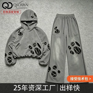 支持定制美式高街做旧贴布连帽卫衣套装男女潮牌阔腿卫裤两件套
