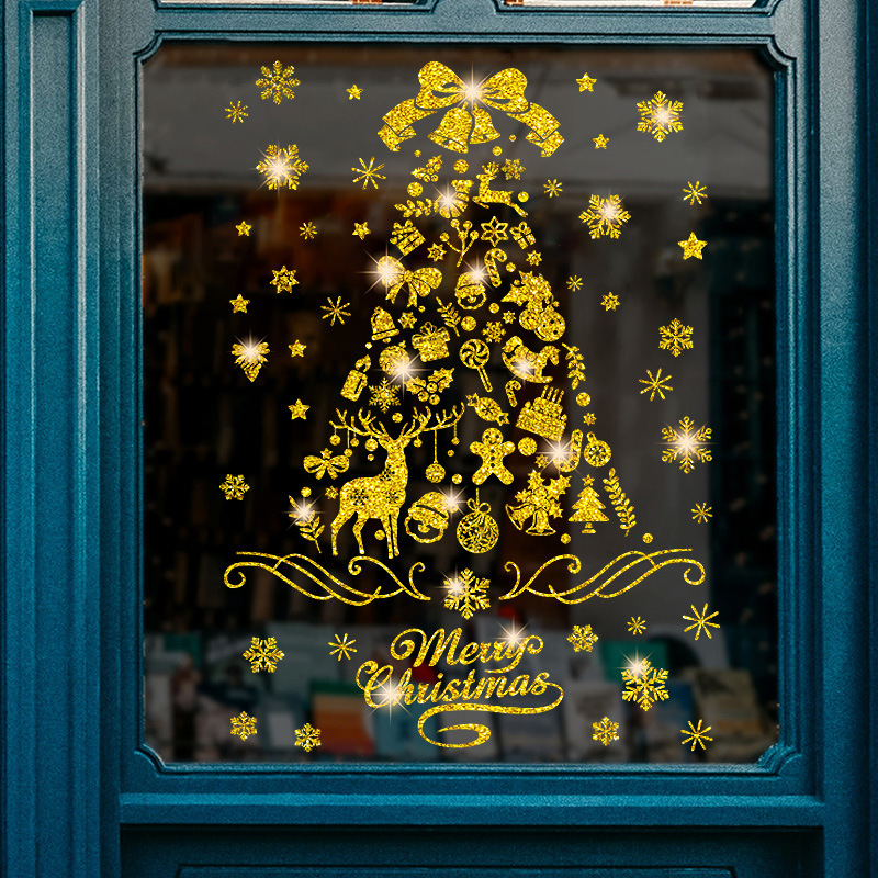 クリスマス装飾シール粉をまいて金色のクリスマスツリーを飾って静電気ガラスの窓を描いて雪の扉を貼って貼ります。|undefined