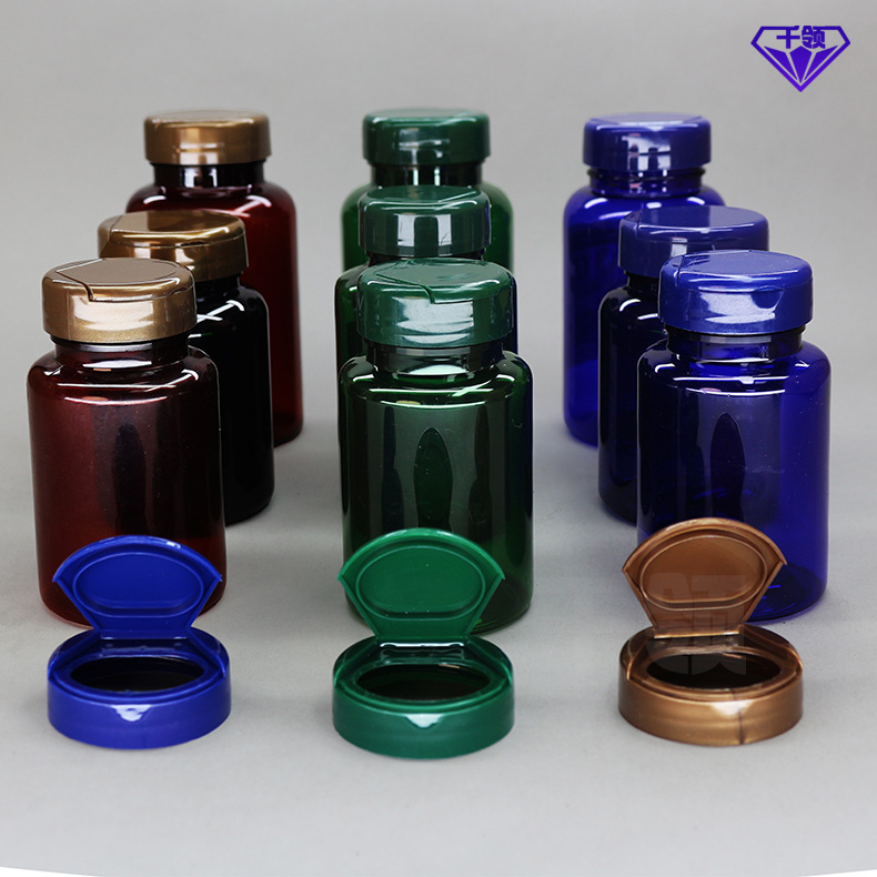 Botella de plástico PET semitapa abatible QL para suplementos vitamínicos y medicamentos, bloqueadora de luz, para cápsulas y tabletas.