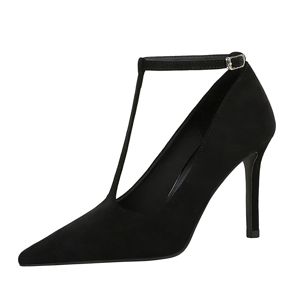 3639 French Style High-End Pointed Toe Stiletto Heels Shallow Mouth Suede T-Strap Ultra High Heel Single Shoes For Women_vogvips.com